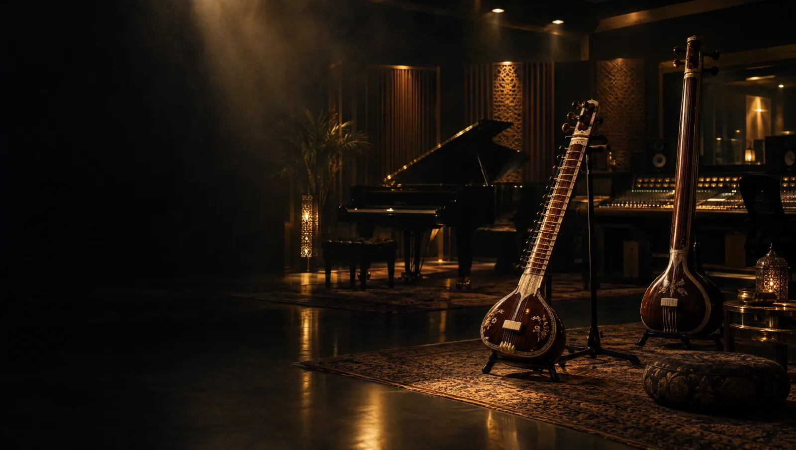 Dark recording studio with a sitar, tanpura, grand piano and mixing console