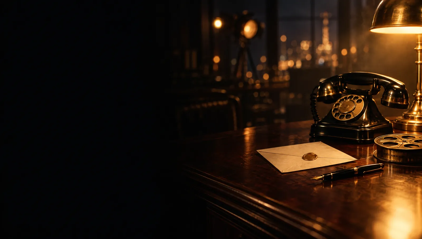 Vintage telephone, wax-sealed envelope and film reel on a lamp-lit desk