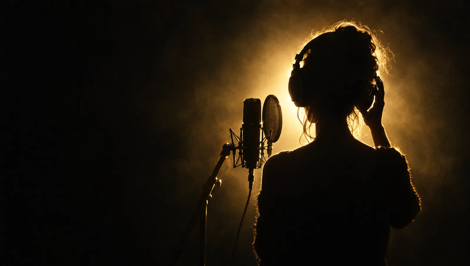 Silhouette of a singer at a studio microphone, backlit in gold
