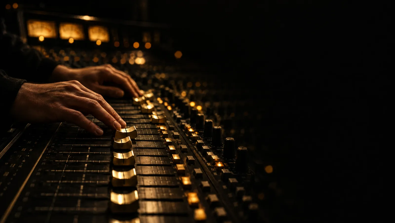 Hands moving faders on an analogue mixing console