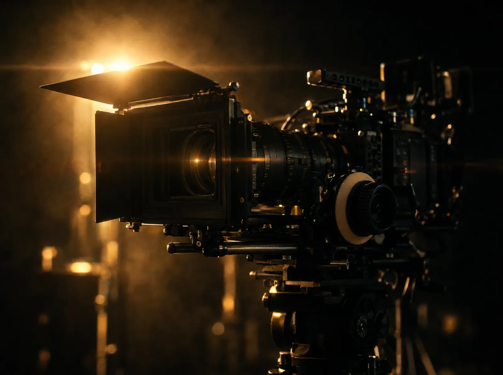 Cinema camera on a film set, backlit in gold haze