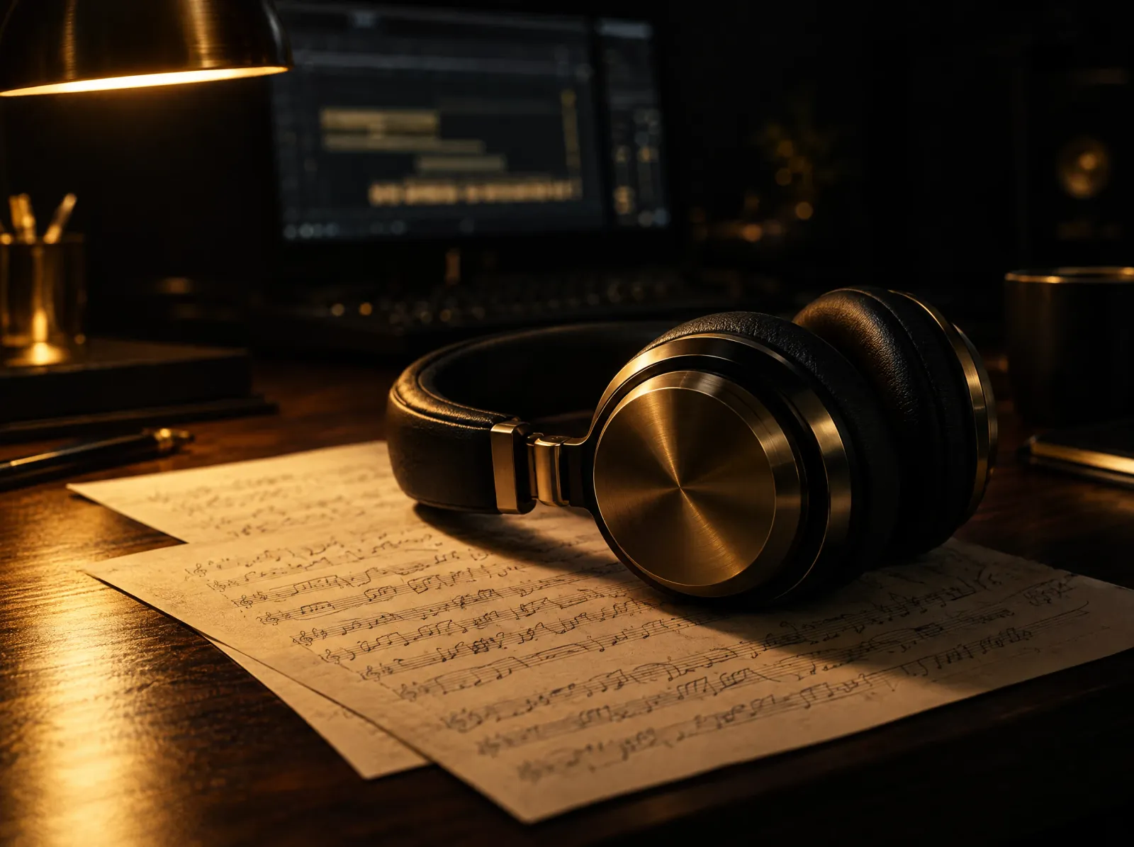 Studio headphones resting on handwritten sheet music